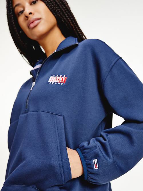 Tommy Hilfiger Relaxed Timeless Tommy Logo Half-Zip Sweatshirt Ženske Pulover s kapuco Modra | TH432KNF