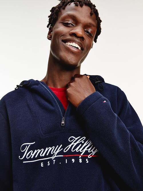 Tommy Hilfiger Script Logo Recycled Fleece Popover Anorak Moški Pulover s kapuco Modra | TH283HNL