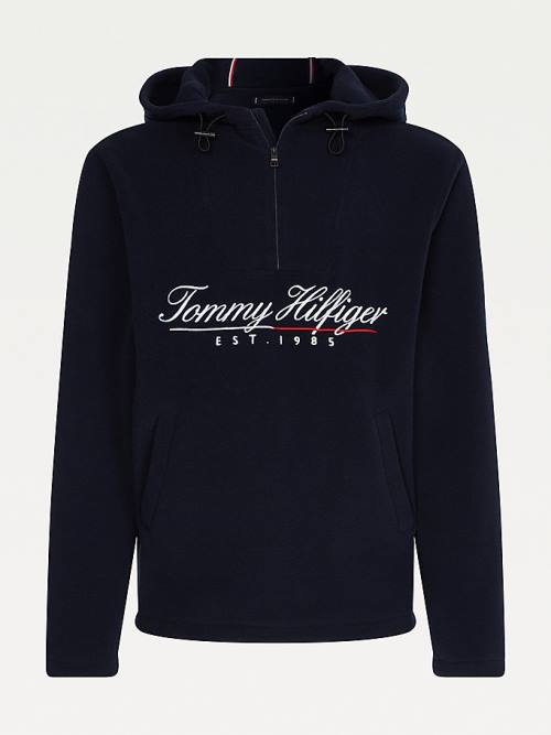 Tommy Hilfiger Script Logo Recycled Fleece Popover Anorak Moški Pulover s kapuco Modra | TH283HNL