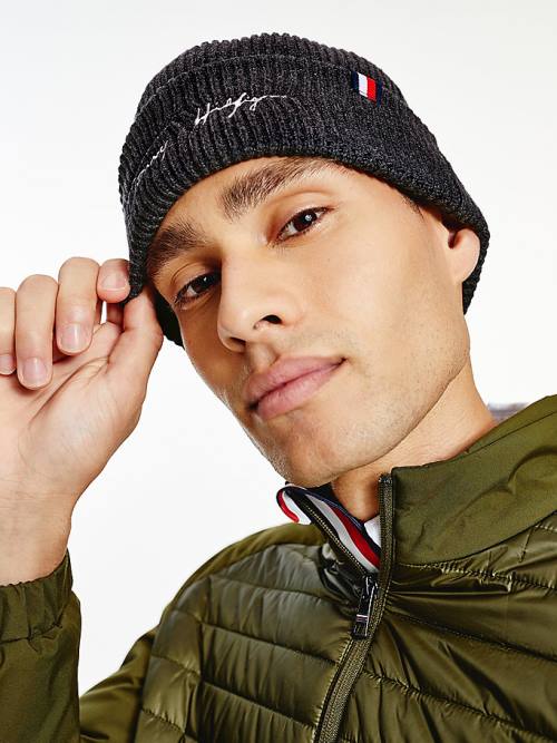 Tommy Hilfiger Signature Embroidery Rib-Knit Beanie Moški Kapa Siva | TH835LRB