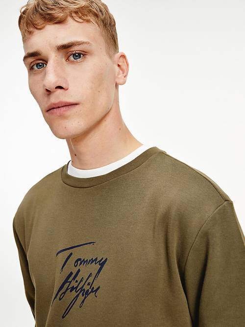 Tommy Hilfiger Signature Logo Stretch Organic Cotton Sweatshirt Moški Pižama Kaki | TH412ZHT