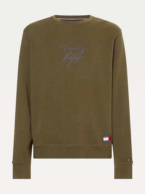 Tommy Hilfiger Signature Logo Stretch Organic Cotton Sweatshirt Moški Pižama Kaki | TH412ZHT