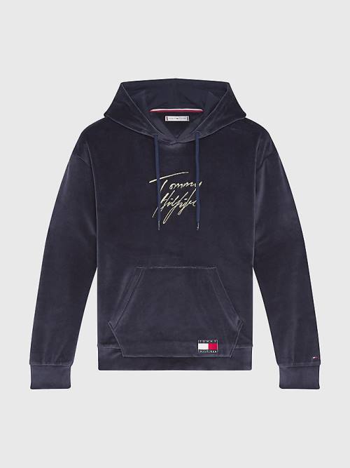 Tommy Hilfiger Signature Logo Velour Ženske Pulover s kapuco Modra | TH503VXW