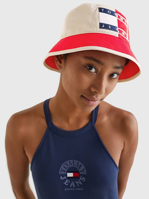 Tommy Hilfiger Spliced Logo Colour-Blocked Bucket Ženske Kapa Rdeča | TH604AQK