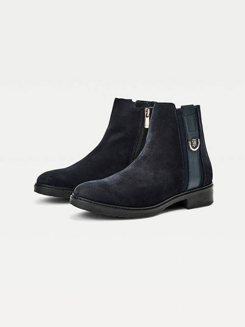 Tommy Hilfiger Suede Monogram Ankle Ženske Škornji Modra | TH965DEQ