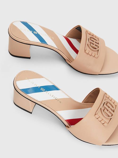 Tommy Hilfiger TH Monogram Block Heel Leather Mules Ženske Sandali Bež | TH063NJH