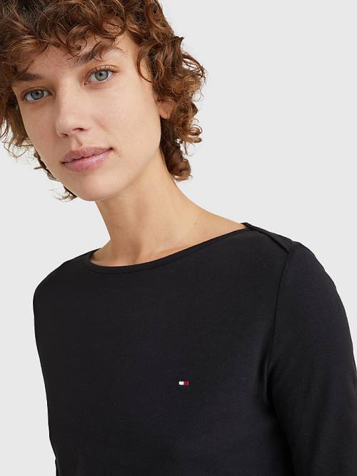 Tommy Hilfiger Three-Quarter Sleeve Slim Fit Ženske Majice Črna | TH269YLB