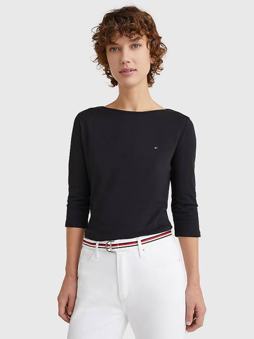 Tommy Hilfiger Three-Quarter Sleeve Slim Fit Ženske Majice Črna | TH269YLB