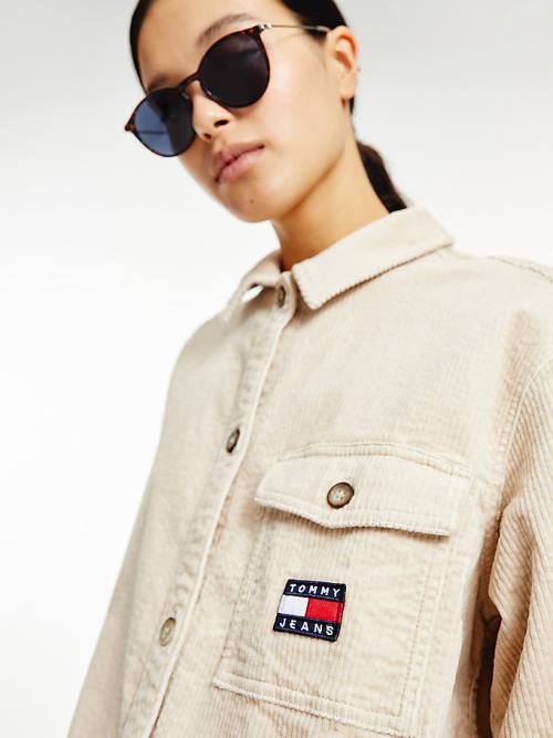 Tommy Hilfiger Tommy Badge Corduroy Oversized Fit Overshirt Ženske Srajce Bež | TH375IOJ