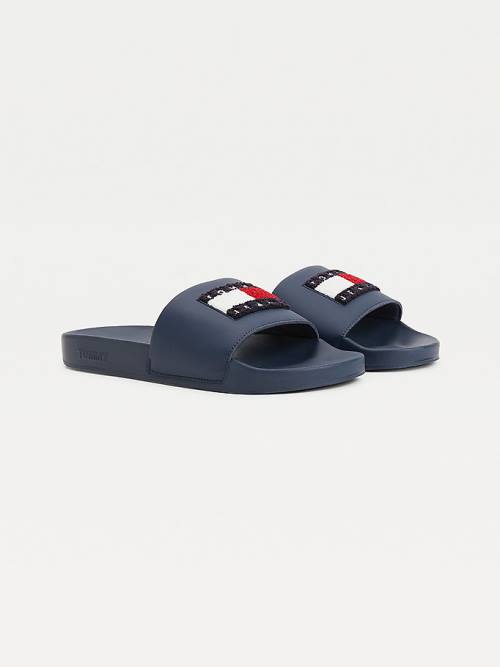 Tommy Hilfiger Towelling Tommy Badge Pool Slides Moški Sandali Modra | TH427JWT