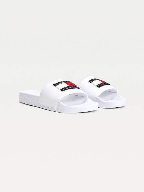 Tommy Hilfiger Towelling Tommy Badge Slides Ženske Sandali Bela | TH830DEH