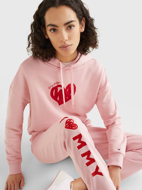 Tommy Hilfiger Valentines Heart Print Terry Joggers Ženske Hlače Roza | TH294CXA