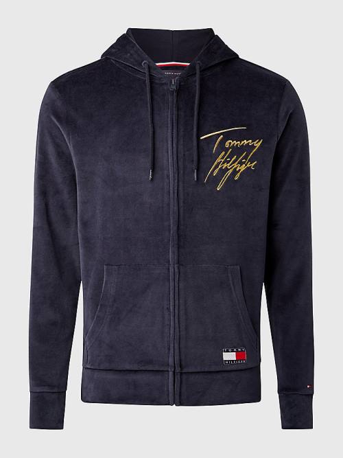 Tommy Hilfiger Velour Signature Logo Moški Pižama Modra | TH961GKB