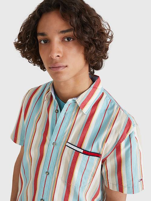 Tommy Hilfiger Washed Stripe Short Sleeve Moški Srajce Modra | TH735VUO