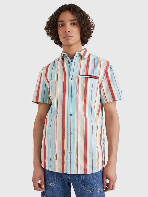 Tommy Hilfiger Washed Stripe Short Sleeve Moški Srajce Modra | TH735VUO