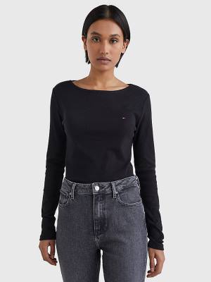 Tommy Hilfiger Boat Neck Long Sleeve Skinny Ženske Majice Črna | TH704XEL