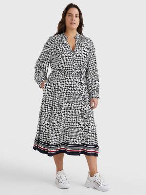 Tommy Hilfiger Curve Houndstooth Relaxed Fit Midi Ženske Obleke Modra | TH608TDW