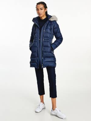 Tommy Hilfiger Essential Down-Filled Faux Fur Trim Coat Ženske Jakne Modra | TH743UGE