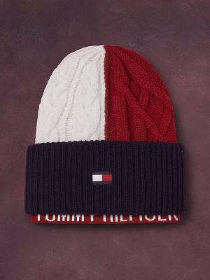 Tommy Hilfiger Flag Icon Cable Knit Beanie Ženske Kapa Modra | TH928TXB