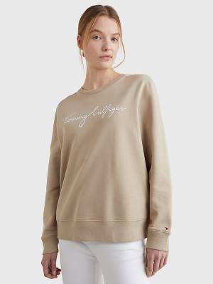 Tommy Hilfiger Graphic Crew Neck Ženske Pulover Bež | TH876BGL