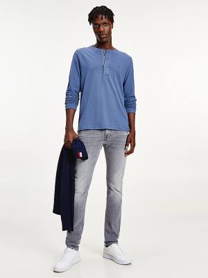 Tommy Hilfiger Henley Long Sleeve Organic Cotton Moški Majice Modra | TH835ZMY