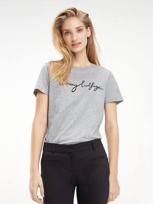 Tommy Hilfiger Heritage Crew Neck Logo Ženske Majice Siva | TH763JUQ