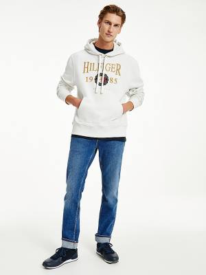 Tommy Hilfiger Icons Logo Embroidery Relaxed Fit Moški Pulover s kapuco Bela | TH524ETB