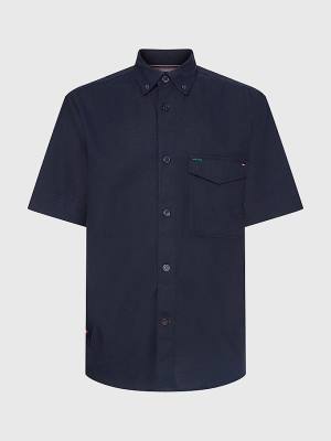 Tommy Hilfiger Linen Blend Short Sleeve Moški Srajce Modra | TH418IAF