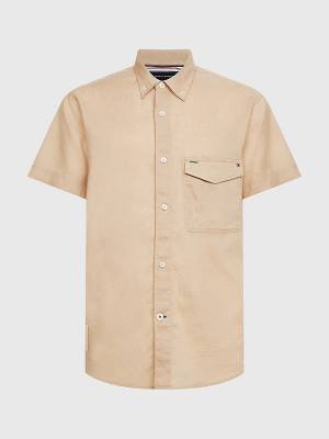 Tommy Hilfiger Linen Blend Short Sleeve Moški Srajce Bež | TH432FVN