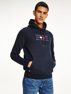 Tommy Hilfiger Logo Embroidery Fleece Moški Pulover s kapuco Modra | TH510RIU