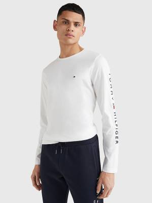 Tommy Hilfiger Logo Long Sleeve Moški Majice Bela | TH628PEJ