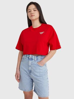 Tommy Hilfiger Logo Tape Oversized Cropped Ženske Majice Rdeča | TH701GEN