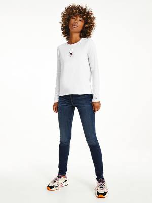 Tommy Hilfiger Long Sleeve Logo Slim Fit Ženske Majice Bela | TH470HKR