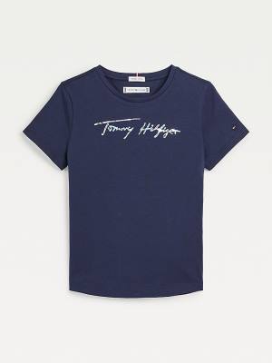 Tommy Hilfiger Metallic Signature Logo Dekleta Majice Modra | TH857SNO