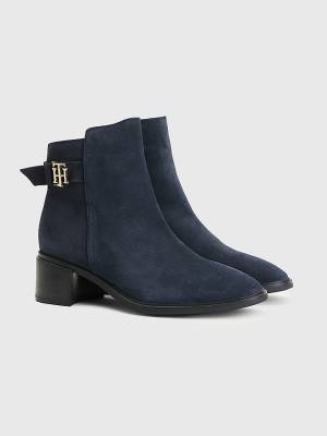 Tommy Hilfiger Monogram Buckle Mid Heel Ankle Ženske Škornji Modra | TH179INT