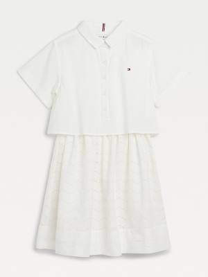 Tommy Hilfiger Organic Cotton Broderie Anglaise Dekleta Obleke Bela | TH402PRV