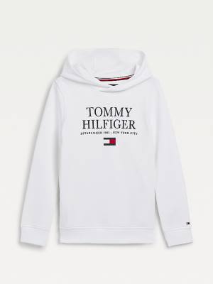 Tommy Hilfiger Organic Cotton Logo Fantje Pulover s kapuco Bela | TH173KPC