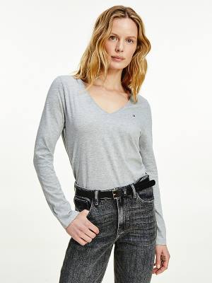 Tommy Hilfiger Organic Cotton Long Sleeve V-Neck Ženske Majice Siva | TH251BDI