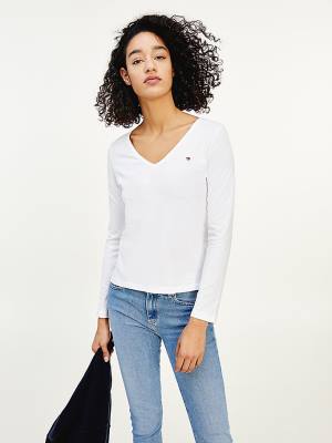 Tommy Hilfiger Organic Cotton Long Sleeve V-Neck Ženske Majice Bela | TH590KWU