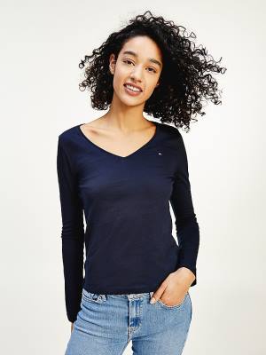 Tommy Hilfiger Organic Cotton Long Sleeve V-Neck Ženske Majice Modra | TH897QFO