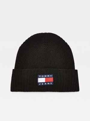 Tommy Hilfiger Organic Cotton Rib-Knit Badge Beanie Ženske Kapa Črna | TH624TKW