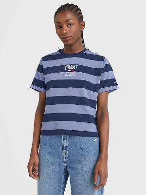 Tommy Hilfiger Organic Cotton Stripe Logo Ženske Majice Modra | TH602AHB