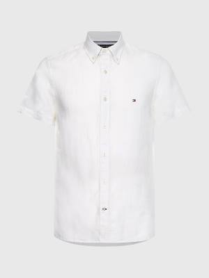 Tommy Hilfiger Pigment-Dyed Short Sleeve Linen Moški Srajce Bela | TH438MRH