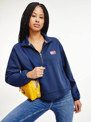 Tommy Hilfiger Relaxed Timeless Tommy Logo Half-Zip Sweatshirt Ženske Pulover s kapuco Modra | TH432KNF