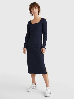 Tommy Hilfiger Rib Square Neck Slim Midi Ženske Obleke Modra | TH961JRC