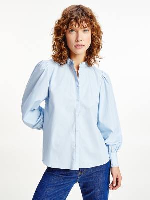 Tommy Hilfiger Ruffled Mandarin Collar Relaxed Fit Ženske Bluza Modra | TH025SDW