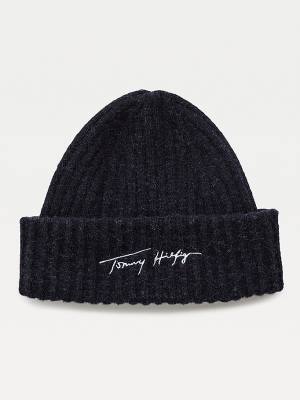 Tommy Hilfiger Signature Alpaca Wool Rib-Knit Beanie Ženske Kapa Modra | TH560RCG