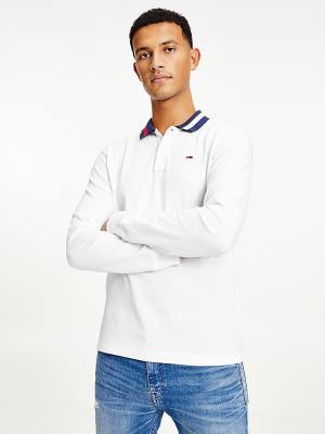 Tommy Hilfiger Signature Collar Regular Long Sleeve Moški Polo Majica Bela | TH617DMI