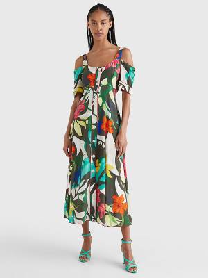 Tommy Hilfiger Silk Hawaiian Print Maxi Ženske Obleke Kaki | TH042IFC