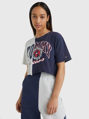 Tommy Hilfiger Spliced Logo Cropped Ženske Majice Modra | TH526BGA